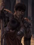  1boy 1girl armor bandaged_hand bandages berserk black_hair blood blood_on_clothes blood_on_face blood_on_weapon cape casca_(berserk) commentary english_commentary gloves greatsword guts_(berserk) height_difference highres holding holding_sword holding_weapon looking_at_another napkin pillar red_cape short_hair shoulder_armor spiked_hair statue sword theophiasco weapon 