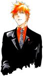  1boy absurdres black_suit bleach formal highres ken&#039;ichi_(ken1ro_u) kurosaki_ichigo looking_to_the_side male_focus necktie orange_eyes orange_hair orange_shirt shirt short_hair solo solo_focus spiked_hair suit 