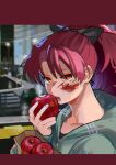  1girl absurdres apple aqua_hoodie biting black_tank_top blood blood_on_clothes blood_on_face collarbone crosswalk food fruit highres holding holding_food holding_fruit lamppost letterboxed looking_at_viewer mahou_shoujo_madoka_magica night oil-paper_umbrella ponytail red_eyes red_hair road sakura_kyouko solo tactile_paving tank_top teeth tongue umbrella wet yooki_(winter_cakes) 