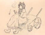  1girl animal_ear_fluff animal_ears bangs braid cat_ears highres hitodama kaenbyou_rin light_smile long_hair looking_up monochrome multiple_tails nekomata simple_background sitting sketch slit_pupils solo tail touhou twin_braids two_tails wheelbarrow yakumoougama 