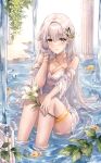 1girl absurdres backlighting bangs blurry blurry_background blush breasts cleavage detached_sleeves dress elf flower gold_choker green_eyes grey_hair hand_on_own_face highres holding holding_hair leaf lily_(flower) long_hair looking_at_viewer medium_breasts open_mouth original partially_submerged pippin_(pippin_sol) pointy_ears shiny shiny_hair sitting smile solo tree very_long_hair water water_drop waterfall white_dress white_sleeves wide_sleeves 