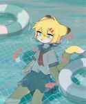  anthro black_body black_fur blue_eyes canid canine canis clothing crayon_(artist) domestic_dog female fish fur hi_res japanese_school_uniform mammal marine solo underwater water white_body white_fur yellow_body yellow_fur 