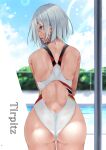  1girl ass azur_lane blue_sky chain-link_fence character_name cloud cloudy_sky competition_swimsuit cowboy_shot day fence flag_print highres looking_at_another looking_back looking_to_the_side one-piece_swimsuit open_mouth oriue_wato outdoors pool poolside purple_eyes short_hair sky solo swimsuit tirpitz_(azur_lane) tree wet wet_clothes wet_swimsuit 
