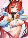  1girl ;) absurdres aqua_eyes atychi breasts credit_card genshin_impact google_play highres horns long_hair long_sleeves looking_at_viewer medium_breasts navel nilou_(genshin_impact) one_eye_closed out-of-frame_censoring puffy_long_sleeves puffy_sleeves red_hair smile twintails vambraces veil 