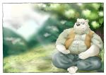  2022 anthro belly big_belly bottomwear clothing detailed_background hi_res kemono male mammal mature_male outside overweight overweight_male pants plant polar_bear shirt sitting solo topwear tree ursid ursine white_body yanununununu 