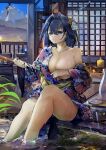  1girl absurdres bangs blue_eyes blue_hair blush bottle breasts cleavage covering covering_breasts cup floral_print flower hair_flower hair_intakes hair_ornament hand_fan highres holding holding_fan hololive hololive_english japanese_clothes jewelry kimono large_breasts legs long_sleeves looking_at_viewer multicolored_hair obi ouro_kronii sakazuki sake_bottle sash short_hair solo thighs virtual_youtuber vyragami water wet wide_sleeves wind_chime yukata 