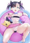  1girl breasts food gris_swimsuit hot_vr ice_cream innertube marnie_(pokemon) meme_attire morpeko morpeko_(full) pokemon popsicle short_hair shy small_breasts solo strapless strapless_swimsuit summer swimsuit thick_thighs thighs 