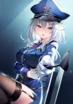  1girl arm_under_breasts blue_headwear breasts character_request copyright_request garter_straps gloves grey_eyes grey_hair hat holding large_breasts looking_at_viewer necktie open_mouth police police_hat police_uniform policewoman purple_necktie riichu short_hair sitting solo thighhighs uniform white_gloves 