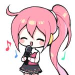  1girl :d ^_^ bangs black_skirt blush_stickers chibi closed_eyes eighth_note hair_between_eyes holding holding_microphone lowres mechuragi microphone musical_note pink_hair pink_shirt quarter_note shirt side_ponytail simple_background skirt sleeveless sleeveless_shirt smile solo standing uni_(vocaloid) vocaloid white_background wrist_cuffs 