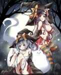 2girls :3 :q absurdres adjusting_clothes adjusting_headwear animal_ears bandages bangs bare_shoulders bikini black_footwear black_headwear black_sleeves black_thighhighs bow breasts closed_mouth detached_sleeves fang full_moon grey_hair halloween halloween_costume halterneck hat hat_bow highres konpaku_youmu konpaku_youmu_(ghost) large_breasts light_particles long_hair looking_at_viewer medium_hair miniskirt moon multiple_girls navel night orange_bow orange_thighhighs outdoors pegashi pleated_skirt purple_hair rabbit_ears red_bikini red_eyes red_skirt reisen_udongein_inaba sarashi shoes short_hair sitting skin_fang skirt smile string_bikini striped striped_thighhighs swimsuit thighhighs tongue tongue_out touhou witch_hat 