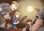  1girl 3boys armor black_hair blonde_hair blue_robe brown_eyes brown_hair chilchuck dango dungeon_meshi eahsu1994 eating food golem green_eyes highres izutsumi light marcille multiple_boys muscular muscular_male robe senshi_(dungeon_meshi) smile staff wagashi 