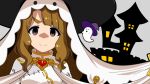  1girl bangs black_headwear brooch brown_eyes brown_hair building closed_mouth commentary dress ghost ghost_costume halloween halloween_costume hat heart idolmaster idolmaster_million_live! jewelry long_hair looking_at_viewer miyao_miya smile solo tun veil white_dress witch_hat 