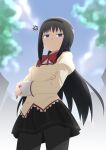  &gt;:( 1girl akemi_homura anger_vein black_hair black_hairband black_pantyhose blurry blurry_background bow bowtie closed_mouth cowboy_shot crossed_arms frilled_shirt frills from_below frown glaring hairband highres long_hair long_sleeves looking_at_viewer mahou_shoujo_madoka_magica mitakihara_school_uniform pantyhose plaid plaid_skirt purple_eyes red_bow red_bowtie rushou_kei school_uniform shadow shirt skirt solo tan_shirt v-shaped_eyebrows 