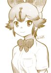  1girl african_wild_dog_(kemono_friends) african_wild_dog_print animal_ears bow bowtie breasts collared_shirt commentary_request dog_ears greyscale highres kemono_friends layered_sleeves light_smile long_sleeves looking_at_viewer masuyama_ryou medium_breasts monochrome print_sleeves shirt short_hair short_over_long_sleeves short_sleeves signature solo 