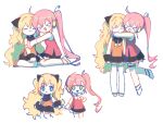  &gt;_&lt; 2girls :d bare_shoulders black_skirt blonde_hair blue_eyes blush_stickers closed_eyes closed_mouth collared_shirt green_eyes headgear hug long_hair mechuragi multiple_girls orange_shirt pink_hair pleated_skirt red_shirt seeu shirt shoes side_ponytail simple_background sketch skirt sleeveless sleeveless_shirt smile socks standing standing_on_one_leg thighhighs uni_(vocaloid) very_long_hair vocaloid white_background white_footwear white_socks white_thighhighs wrist_cuffs xd yellow_footwear 