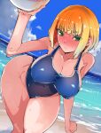  1girl absurdres arms_(game) ball beach beachball blonde_hair blue_one-piece_swimsuit blush bob_cut breasts green_eyes highres holding holding_ball holding_beachball large_breasts min_min_(arms) ocean one-piece_swimsuit short_hair solo swimsuit takayama_toshinori thick_thighs thighs wet 
