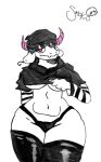  2022 anthro artist_elgrandosm0ki0 bovid caprine clothed clothing clothing_lift colored dark_clothing dark_panties digital_media_(artwork) ear_piercing elagrena female goat hi_res horn mammal partially_clothed piercing pink_horn shirt shirt_lift signature slightly_chubby slightly_chubby_female smug_face solo topwear wide_hips 