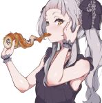  1girl absurdres adjusting_hair bangs blunt_bangs chocolate_cornet commentary dress eating food food_in_mouth frilled_ribbon frills grey_dress grey_hair grey_ribbon hair_ribbon harapeko_zombie_inu highres hololive long_hair looking_at_viewer looking_to_the_side murasaki_shion ribbon short_eyebrows sidelocks simple_background sleeveless sleeveless_dress solo symbol-only_commentary twintails upper_body virtual_youtuber wavy_hair white_background wrist_cuffs yellow_eyes 