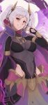  1girl absurdres aura breasts covered_navel dark_aura dark_persona english_commentary evil_smile evomanaphy eyes_of_grima fake_horns fang fingernails fire_emblem fire_emblem_awakening fire_emblem_heroes grey_hair grima_(fire_emblem) highres horned_headwear horns leotard looking_at_viewer official_alternate_costume possessed red_eyes robin_(fire_emblem) robin_(fire_emblem)_(female) sharp_fingernails skin_tight slit_pupils smile solo twintails white_hair 