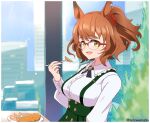  1girl :d animal_ears aston_machan_(umamusume) breasts brown_hair food fork from_side green_skirt hair_ornament hair_scrunchie highres holding holding_fork horse_ears horse_girl kaisendonburi large_breasts looking_at_viewer ponytail red_scrunchie scrunchie shirt sideboob skirt smile solo suspenders twitter_username umamusume white_shirt yellow_eyes 