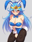  1girl animal_ears blue_bow blue_bowtie blue_hair blue_leotard blush bow bowtie breast_hold breasts cleavage closed_mouth detached_collar dragon_quest dragon_quest_iii earrings edobox fake_animal_ears grey_background jester_(dq3) jewelry large_breasts leotard long_hair looking_at_viewer pantyhose playboy_bunny rabbit_ears rabbit_tail sage_(dq3) simple_background solo strapless strapless_leotard tail white_wrist_cuffs wrist_cuffs 