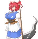  1girl blue_dress breasts cleavage dress hair_bobbles hair_ornament holding holding_scythe huge_breasts looking_at_viewer mizusoba obi onozuka_komachi open_mouth red_eyes red_hair sash scythe simple_background solo standing touhou two_side_up white_background 