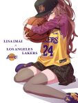  1girl animal_print ball bang_dream! baseball_cap basketball basketball_jersey black_headwear black_thighhighs brown_hair character_name earrings green_eyes hair_behind_ear hat highres holding holding_ball imai_lisa jewelry leopard_print los_angeles_lakers national_basketball_association object_hug one_eye_closed print_skirt shirt shoes sitting skirt sleeveless sleeveless_shirt sneakers solo thighhighs wariza white_background yazawa_happyaro yellow_footwear yellow_shirt 