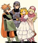  2boys 2girls blonde_hair blue_eyes breasts brown_hair closed_mouth curly_hair dragon_quest dragon_quest_ii dress full_body goggles goggles_on_head goggles_on_headwear hood long_hair male_focus multiple_boys multiple_girls open_mouth piyoko_saito prince_of_lorasia prince_of_samantoria princess_of_moonbrook princess_of_samantoria robe short_hair simple_background smile spiked_hair white_robe 