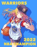  1girl 2022 ball bang_dream! baseball_cap basketball basketball_jersey black_headwear black_shorts blonde_hair blue_background collared_shirt colored_inner_hair english_text from_above golden_state_warriors hat head_tilt highres holding holding_ball looking_at_viewer looking_up multicolored_hair national_basketball_association one_eye_closed pink_hair red_shirt shirt shorts smile solo tsurumaki_kokoro yazawa_happyaro yellow_eyes 