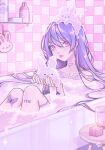  1girl bare_shoulders bath bathtub bubble_bath candle earrings jewelry looking_at_viewer original pink_eyes purple_hair rabbit shari_cote soap_bubbles tattoo 