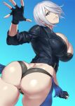  1girl angel_(kof) ass bangs belt blue_eyes breasts chaps cleavage clenched_hand cropped_jacket fingerless_gloves gloves hair_over_one_eye highres ippo jacket large_breasts leather leather_jacket lips long_bangs looking_at_viewer looking_back panties shadow short_hair simple_background sleeves_rolled_up smile solo standing the_king_of_fighters the_king_of_fighters_xv thighs underwear 