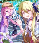  2girls absurdres alisa_reinford blonde_hair blue_bow blue_eyes blue_ribbon blue_scrunchie bow braid breasts cat celine_(sen_no_kiseki) choker chromatic_aberration cleavage eiyuu_densetsu emma_millstein feather_hair_ornament feathers hair_ornament hair_scrunchie hat highres jacket long_hair looking_at_viewer multiple_girls open_mouth outdoors pink_hair red_choker red_eyes ribbon rizuaki scrunchie sen_no_kiseki sen_no_kiseki_iii sen_no_kiseki_iv signature smile very_long_hair waving white_feathers white_jacket 