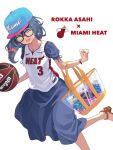  1girl asahi_rokka bang_dream! baseball_cap basketball black_hair blue_headwear bottle character_name dress earrings glasses green_eyes grey_dress hair_brush hat highres jewelry logo looking_at_viewer medium_hair miami_heat national_basketball_association new_era one_eye_closed red_nails running see-through shirt sleeveless sleeveless_shirt smile solo watch water_bottle wristwatch yazawa_happyaro 