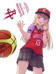  1girl bang_dream! bangs baseball_cap basketball basketball_jersey blush brown_skirt character_name collared_shirt earrings flower_earrings hat highres houston_rockets jewelry long_hair looking_down national_basketball_association nervous open_hand plaid plaid_skirt purple_eyes purple_shirt red_headwear red_shirt shirasagi_chisato shirt skirt sleeveless sleeveless_shirt solo unmoving_pattern white_background yazawa_happyaro 