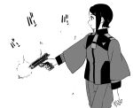  1girl firing from_side gouta_(nagishiro6624) greyscale gun gundam gundam_suisei_no_majo gundam_tekketsu_no_orphans handgun holding holding_gun holding_weapon monochrome necktie nika_nanaura parody scene_reference short_hair shorts solo uniform weapon 