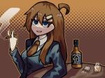 1girl ahoge alcohol among_us bangs black_jacket blue_eyes breasts brown_hair brown_nails brown_necktie cigarette cocaine coco_(556ch0cl8) collared_shirt commentary crewmate_(among_us) english_commentary formal hair_between_eyes hair_ornament hairclip highres hod_(project_moon) holding holding_cigarette jacket lobotomy_corporation long_hair long_sleeves medium_breasts necktie open_mouth project_moon sanpaku shirt smile smoke solo suit suit_jacket whiskey 