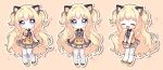 1girl :&lt; :3 :d ^_^ bangs bare_shoulders blonde_hair blue_eyes blush bow brown_background chibi closed_eyes closed_mouth collared_shirt green_shirt grey_bow grey_skirt hand_up headgear highres index_finger_raised long_hair mechuragi multicolored_hair multiple_views outline pleated_skirt seeu shirt shoes skirt sleeveless sleeveless_shirt smile star_(symbol) star_in_eye symbol_in_eye thighhighs two-tone_hair very_long_hair vocaloid white_outline white_thighhighs wrist_cuffs yellow_footwear 