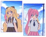  2girls :d backpack bag bandaid bandaid_on_cheek bandaid_on_face bangs black_necktie black_skirt blonde_hair blue_sky blush breasts closed_mouth cloud cloudy_sky collared_shirt day food green_eyes hair_between_eyes headgear holding holding_food long_hair mechuragi multicolored_hair multiple_girls necktie outdoors pink_hair pink_skirt pleated_skirt popsicle power_lines seeu shirt short_sleeves side_ponytail skirt sky small_breasts smile star_(symbol) two-tone_hair uni_(vocaloid) utility_pole very_long_hair vocaloid white_shirt 