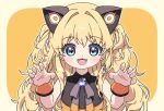  1girl :d bangs black_shirt blue_eyes bow brown_background claw_pose collared_shirt fangs grey_bow hair_between_eyes hair_intakes hands_up headgear looking_at_viewer mechuragi orange_background seeu shirt smile solo star_(symbol) star_in_eye symbol_in_eye teeth two-tone_background upper_teeth vocaloid wrist_cuffs 