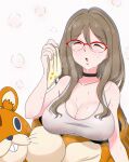  1girl :o animal_costume bare_shoulders black_choker breasts brown_hair choker cleavage closed_eyes collarbone commentary_request costume glasses hair_between_eyes handkerchief highres holding_handkerchief large_breasts long_hair lycoris_recoil mascot_costume nakahara_mizuki osage_gankyou over-rim_eyewear red-framed_eyewear semi-rimless_eyewear shirt solo sweat sweating_profusely white_shirt 