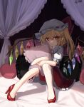  1girl ai-assisted alternate_footwear asymmetrical_wings bed blonde_hair bloomers bow canopy_bed commentary crystal curtains flandre_scarlet frilled_skirt frills full_body glowing glowing_eyes hair_bow hat heart heart_pillow high_heels highres looking_at_viewer mob_cap no_pupils object_hug on_bed one_side_up pillow pillow_hug pointy_ears pumps red_eyes red_footwear red_skirt ribbon-trimmed_headwear ribbon_trim shadow short_hair short_sleeves sitting skirt solo touhou underwear wings zakozako_y 