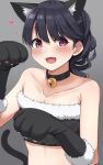  1girl animal_ears animal_hands bell black_choker blue_hair blush breasts cat_ears cat_paws cat_tail choker cleavage collarbone dark_blue_hair emu_1316 extra_ears fang fukumaru_koito fur-trimmed_gloves fur-trimmed_tube_top fur_trim gloves heart highres idolmaster idolmaster_shiny_colors looking_at_viewer neck_bell paw_gloves ponytail skin_fang small_breasts smile solo strapless tail tube_top upper_body 