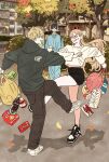  1girl 2boys bag black_hair blonde_hair bush chainsaw_man coca-cola dancing denji_(chainsaw_man) egg egg_carton grocery_bag hair_between_eyes hayakawa_aki highres hood hoodie horns jacket long_hair looking_at_another looking_at_viewer multiple_boys nutella pajamas power_(chainsaw_man) red_horns ryosuketarou shoes shopping_bag short_hair short_shorts shorts smile snack sneakers sweater topknot tree 