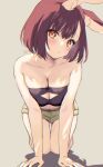 1girl all_fours animal_ear_fluff animal_ears bare_arms bare_shoulders blush breasts brown_hair calm_mashiro cleavage cleavage_cutout clothing_cutout collarbone copyright_request foreshortening green_shorts grey_background large_breasts looking_at_viewer orange_eyes parted_lips rabbit_ears short_hair short_shorts shorts sign simple_background solo strapless tube_top 