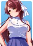  1girl :/ arm_at_side bangs bare_arms bare_shoulders blue_background blue_skirt blush border bow_hairband breasts brown_hair buttons closed_mouth commentary_request d4dj frilled_shirt frilled_shirt_collar frills gradient gradient_background hair_ribbon hairband hand_on_hip high-waist_skirt highres hiraken kasuga_haruna long_hair looking_at_viewer medium_breasts outside_border pleated_skirt ribbon rounded_corners see-through shirt sidelocks skirt sleeveless sleeveless_shirt solo standing sweat swept_bangs upper_body very_long_hair wet wet_clothes wet_shirt white_border white_ribbon white_shirt yellow_eyes 