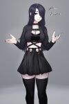  1girl absurdres black_dress black_eyes black_hair black_lips black_nails dress english_commentary english_text fishnets gothic hair_over_one_eye highres long_hair looking_at_viewer makeup meme nila_(telepurte) original pale_skin smile solo telepurte thighhighs 