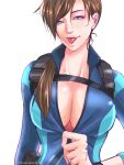  1girl blue_eyes bodysuit breasts brown_hair cleavage highres iori.m jill_valentine large_breasts long_hair looking_at_viewer open_mouth resident_evil resident_evil_revelations simple_background solo tongue tongue_out wet white_background 