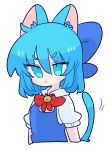  1girl animal_ears bangs blue_dress blue_eyes blue_hair cat_ears cat_girl cat_tail cirno collared_shirt dress fairy_wings flat_chest highres ice ice_wings neck_ribbon op_na_yarou pinafore_dress puffy_short_sleeves puffy_sleeves red_ribbon ribbon shirt short_hair short_sleeves simple_background solo tail touhou v-shaped_eyebrows white_background white_shirt wings 