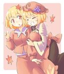  2girls :o aki_minoriko aki_shizuha apron arm_hug arnest autumn_leaves blonde_hair blush bright_pupils brown_skirt closed_eyes commentary food fruit grape_hat_ornament grapes grin hair_ornament hand_up hat hug juliet_sleeves leaf leaf_hair_ornament long_sleeves maple_leaf mob_cap multiple_girls neck_ribbon open_mouth orange_eyes outline pink_background puffy_sleeves red_apron red_shirt red_skirt ribbon shirt short_hair siblings sisters skirt smile teeth touhou two-tone_background white_background white_outline white_pupils 