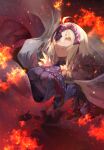  1girl ahoge bangs blonde_hair breasts chain cloak eyebrows_hidden_by_hair fate/grand_order fate_(series) fire flame hair_between_eyes headpiece highres jeanne_d&#039;arc_alter_(avenger)_(fate) jeanne_d&#039;arc_alter_(fate) looking_at_viewer open_mouth saitogiulio short_hair smile solo upper_body yellow_eyes 